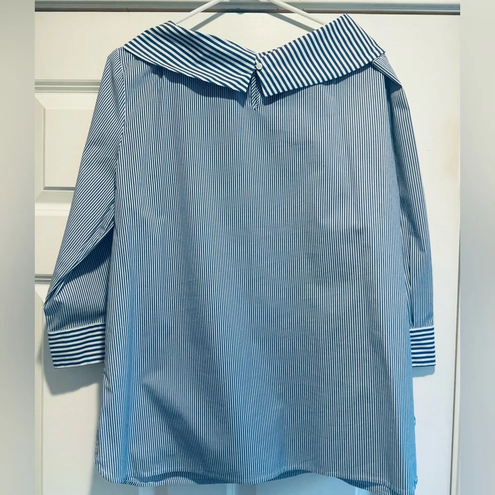 Talbots Blue and White Striped Top with Wide Collar - Picture 2 of 7
